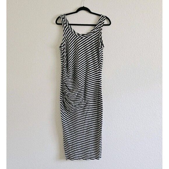 All Saints Tina T-Shirt Dress Size L Stripe Black Sleeveless Side-Slits Cotton - Picture 2 of 9